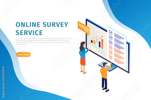 Modern design isometric concept of online landing page surveys, people fill out online survey forms on computers, can be used for landing page websites, hompage, banners, leaflets, mobile applications