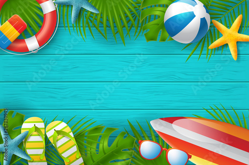 Summer Bacground vector banner design with colorful beach elements. Vector illustration