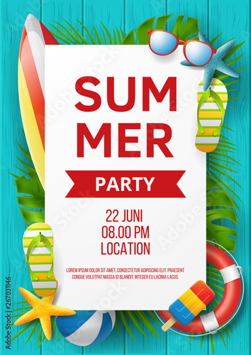Summer party poster vector design with colorful beach elements. Vector illustration