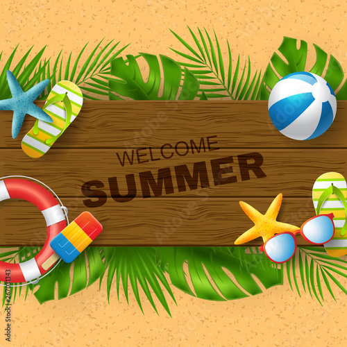 Summer Bacground vector banner design with colorful beach elements. Vector illustration