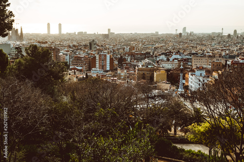 View of the city from Park Guell in Barcelona. Spain.