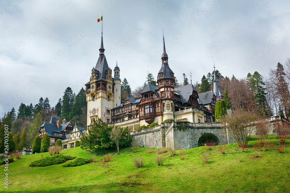 Landscape with Peles castle in Romania