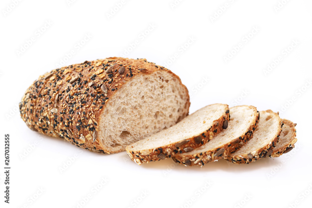 Loaf of wholegrain bread isolated on white background