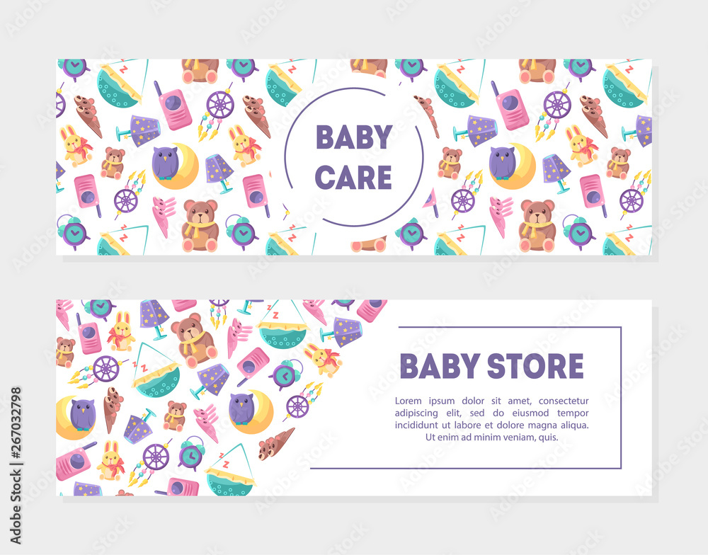 Baby Carem Baby Store Banner Templates with Cute Toys and Care Supplies Set, Design Element with Place for Text, Can Be Used for Landing Page, Mobile App, Flyer, Gift Card Vector Illustration