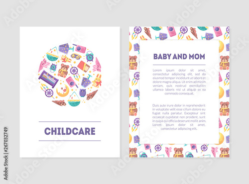 Baby and Mom Banner Templates with Care Supplies and Place for Text, Design Element Can Be Used for Landing Page, Mobile App, Flyer, Gift Card Vector Illustration