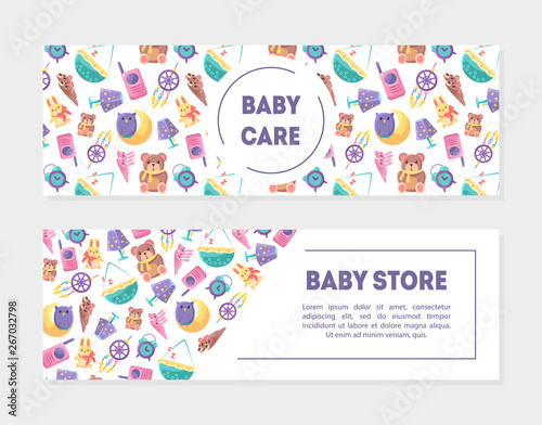 Baby Carem Baby Store Banner Templates with Cute Toys and Care Supplies Set, Design Element with Place for Text, Can Be Used for Landing Page, Mobile App, Flyer, Gift Card Vector Illustration