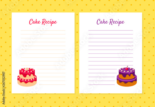 Cake Recipe Cookbook Design Templates, Card with Lines for Recipe Placement Vector Illustration