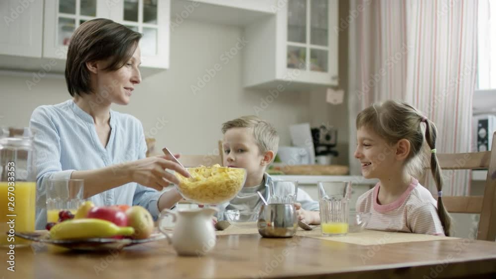 mother put cornflakes from bowl on the plate with a spoon to her daughter mother put cornflakes from bowl on the plate with a spoon to her daughter