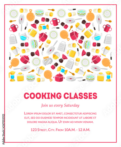 Cooking Classes Banner Template, Culinary School Card with Place for Text and Kitchen Utensils, Design Element Can Be Used for Card, Label, Invitation, Certificate, Flyer, Coupon, Tag Vector