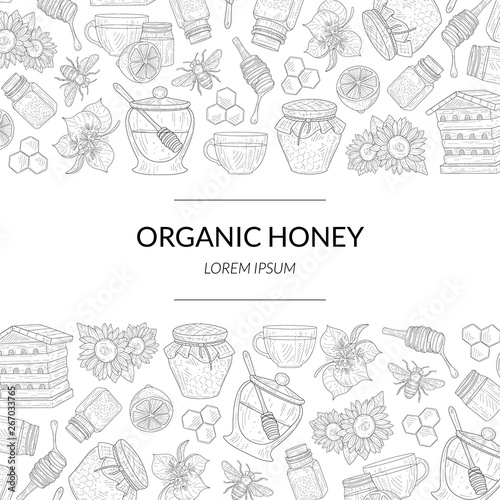 Organic Honey Banner Template with Hand Drawn Pattern and Place for Text, Natural Sweet Healthy Food, Design Element Can Be Used for Card, Label, Invitation, Certificate, Flyer Vector Illustration