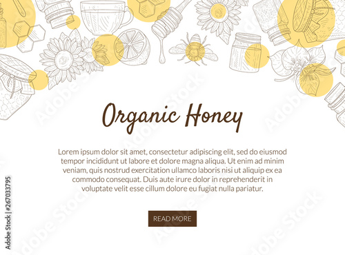 Organic Honey Production Banner Template with Pattern and Place for Text, Natural Sweet Healthy Food, Design Element Can Be Used for Mobile Website, Landing Page Vector Illustration