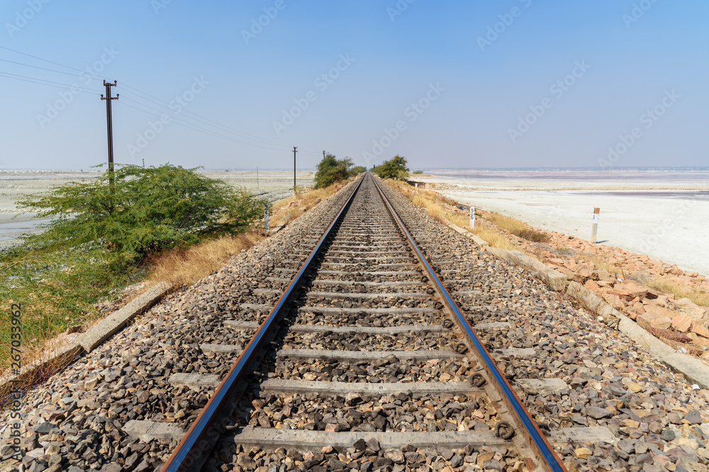 Railway along Sambhar Salt Lake. India