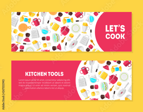Lets Cook, Kitchen Tools Banner Templates Set with Place for Text and Cooking Utensils Pattern, Design Element Can Be Used for Card, Label, Invitation, Certificate Colorful Vector Illustration