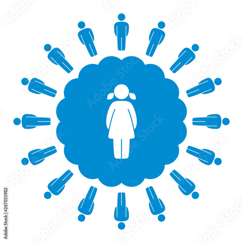 Vector blue symbol, many men standing in a circle around one woman. Isolated on white background