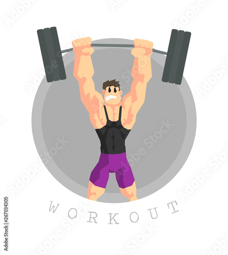 Muscular Man Rising Barbell, Physical Workout Training, Active Healthy Lifestyle Vector Illustration