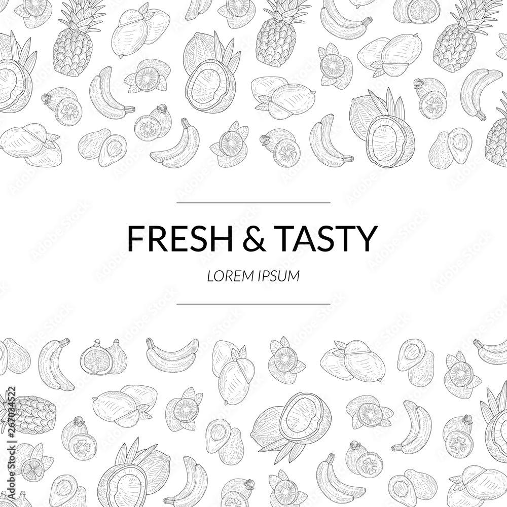 Fresh and Tasty Banner Template,Tropical Exotic Fruits Hand Drawn Pattern Vector Illustration