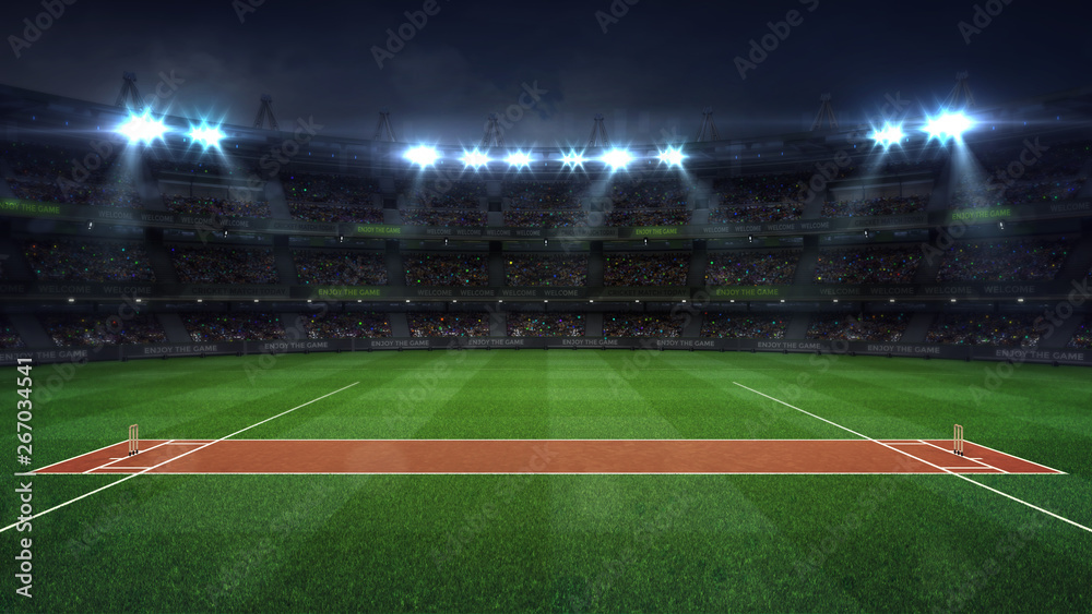 Illuminated round cricket stadium full of fans at night upper side view Stock Illustration