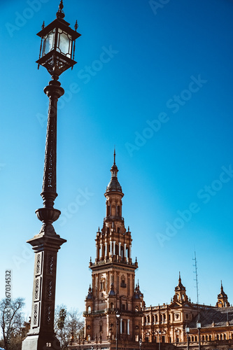 Facades of buildings on the Spanish square or the Plaza de Espana. Andalusia.