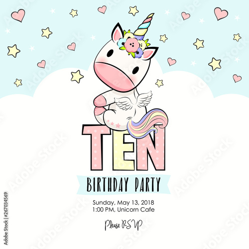 Ten Birthday party invitation with baby unicorn