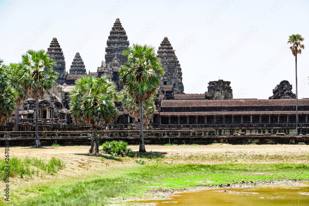 Angkor Wat is seen behind the lake. The largest temple in the world.The temple in Cambodia,Siem Reap