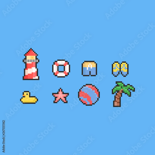 Pixel summer beach elements set.8bit.