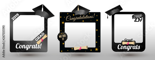 Set of graduation party photo booth props. Concept for selfie. Frame with cap for grads. Photobooth vector element. Congradulation grad quote. Vector illustration. Isolated on white background.