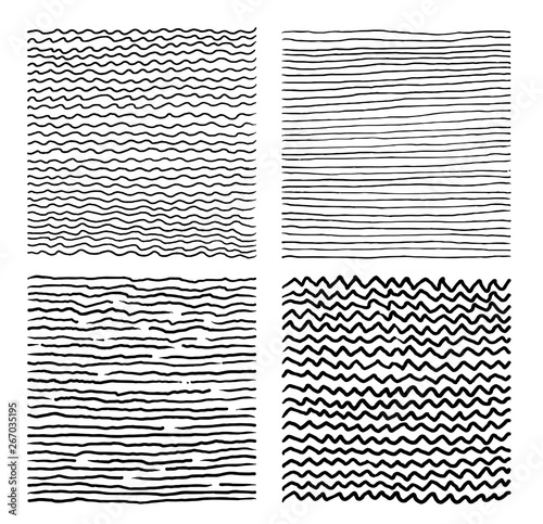 Set of Hand drawn abstract pattern with hand drawn lines, strokes. Grunge brushes, wavy stripes. Grid black and white texture. Vector ink grunge brush. Isolated on white background.