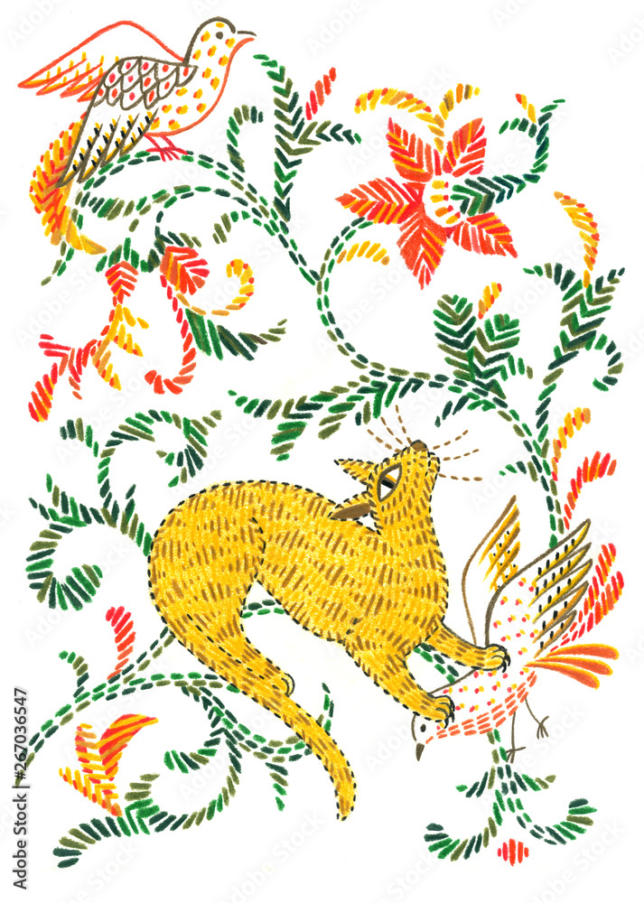 Artwotk in folk style. Bright flowers, cat is hunting on a birds, Hand drawn ethnic elements. embroidery style. Hatching made of pencil. Artwotk in folk style. Bright flowers, cat is hunting on a birds, Hand drawn ethnic elements. embroidery style. Hatching made of pencil.