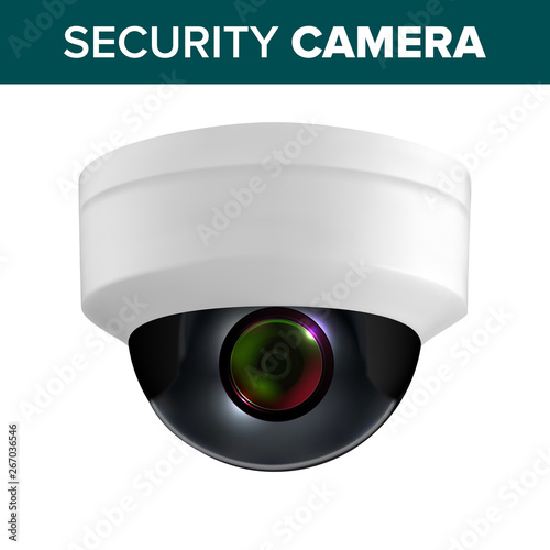 Ceiling Video Surveillance Security Camera Vector. Wireless Indoor Safeguard Cctv Camera For Observe And Control Of Territory. Privacy Monitoring Security Realistic 3d Illustration