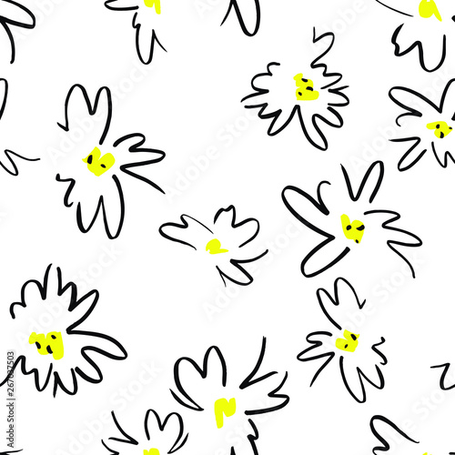Vector floral seamless pattern. Simple colorful botanical illustration with daisy flowers. Plain sketch made of marker. Good for bedding, fabric, textile, wallpaper, wrapping, surface.