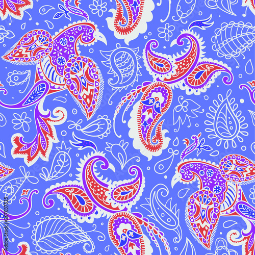 Vector seamless pattern. Firebirds and floral elements in Paisley style. 
