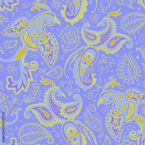 Vector seamless pattern. Firebirds and floral elements in Paisley style. 