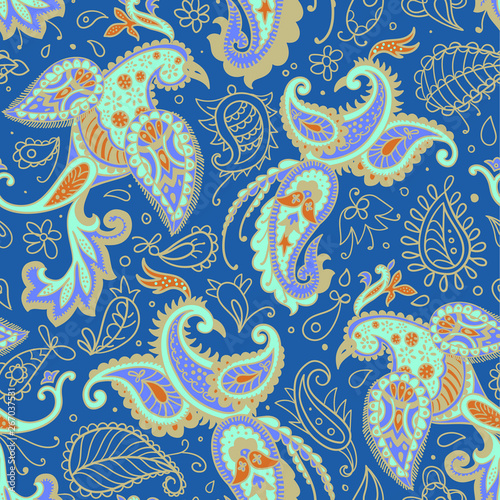 Vector seamless pattern. Firebirds and floral elements in Paisley style. 