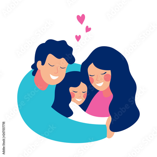 Happy family of three mother, father and daughter embracing. Smiling man hugs his family with love and care. Vector illustration isolated of white background. 