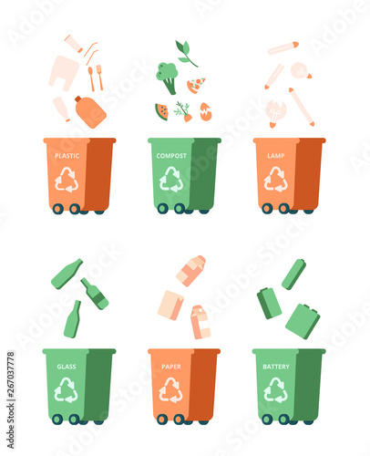 Waste recycling management concept with colorful trash bins for glass, lamp, paper, plastic, battery, organic rubbish. Vector icons isolated from white background