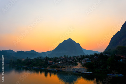 House at the River   Sunset on the Nam Ou River in Nong Khiaw  Laos