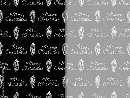 Christmas tree toys, bump pattern with handwritten lettering merry christmas