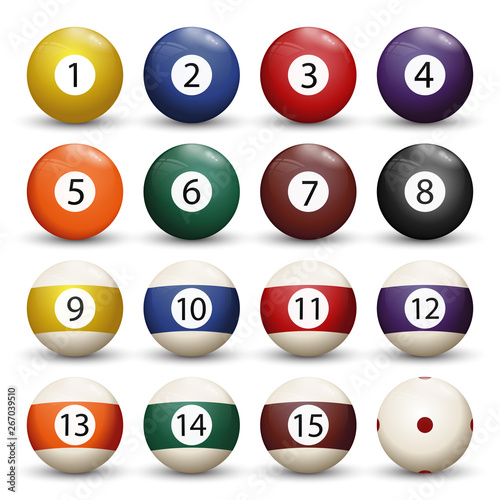 Collection of billiard pool or snooker balls with numbers and shadow isolated on white background. Vector illustration.