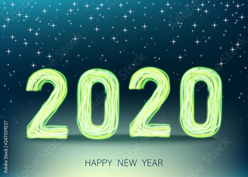 2020 happy New Year black background with golden neon number.