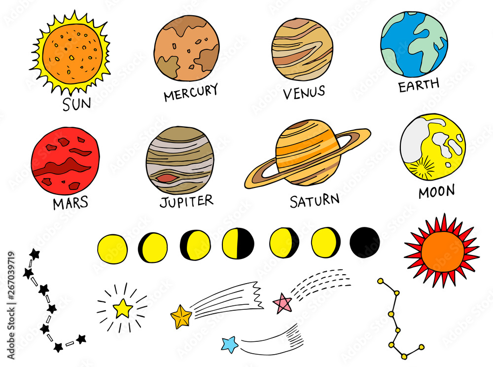 太陽系や星などの手描きイラスト素材セット カラー Stock Vector Adobe Stock