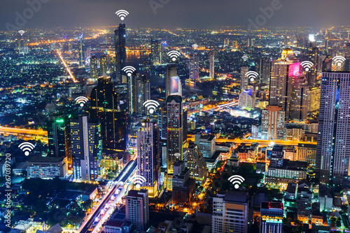 Wallpaper Mural Cityscape of Bangkok with added generic wifi signals and access points within the city. Torontodigital.ca