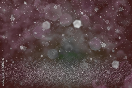 beautiful brilliant glitter lights defocused bokeh abstract background and falling snow flakes fly, festal mockup texture with blank space for your content