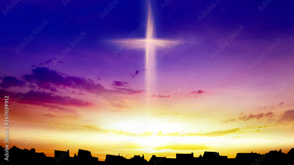 Heaven of paradise and silhouette of the city . Glowing cross in sky . Happy Easter. Light from sky . Religion background .