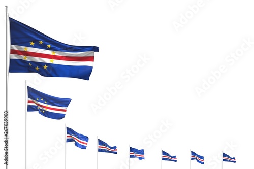 beautiful many Cabo Verde flags placed diagonal isolated on white with space for content - any celebration flag 3d illustration..