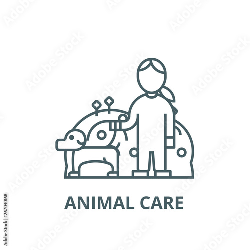 Pets care,dog with woman,animal care vector line icon, outline concept, linear sign