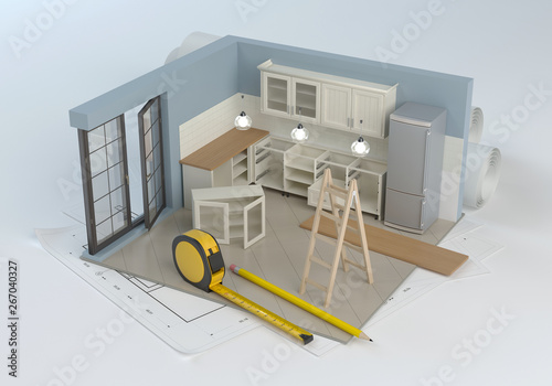Kitchen project and assembly of furniture, 3D illustration