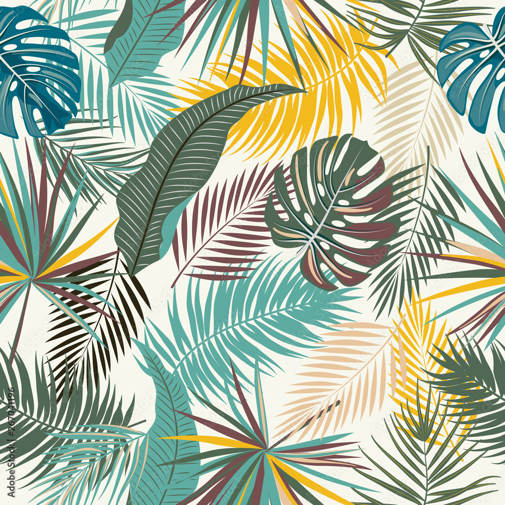 Tropical jungle palm leaves seamless pattern - obrazy, fototapety, plakaty 