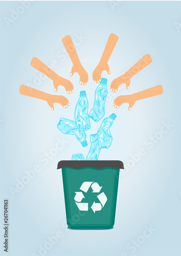Stop plastic pollution, agitation poster.Ecological concept poster with crumpled plastic bottle. Sign recycle garbage. Plastic recycling.Do not litter. Vector illustration