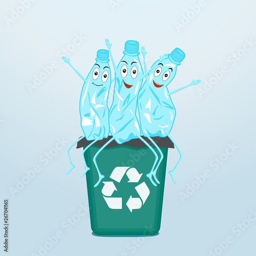 Stop plastic pollution, agitation poster.Ecological concept poster with funny cartoon character from crumpled plastic bottle. Sign recycle garbage. Plastic recycling.Do not litter. Vector illustration