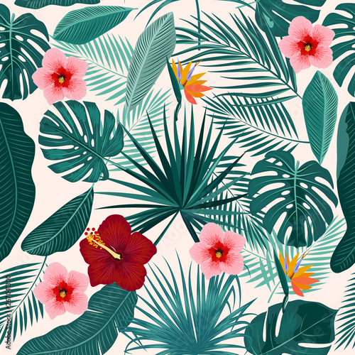 Seamless pattern of leaves monstera  flowers  tropical leaves of palm tree.